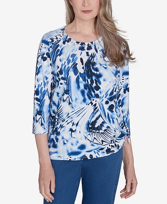 Alfred Dunner Petite Key Items Abstract Animal Print Three Quarter Sleeve Tee