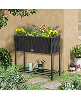 Raised Garden Bed, Elevated Planter Box with Rattan Wicker Look, Tool Storage Shelf, Portable Design for Herbs, Vegetables, Flowers, Black