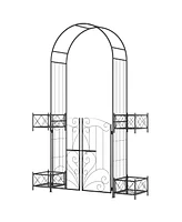 Simplie Fun 7' Garden Arch Arbor, Metal Arch Trellis with Gate, Garden Archway for Climbing Vines, Wedding Ceremony Decoration, Black