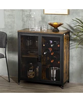 Streamdale Furniture Industrial Wine Cabinet with 9 Bottle Wine Rack, Retro Liquor Cabinet with Glass Holders, Mesh Doors, and Storage Shelf for Home