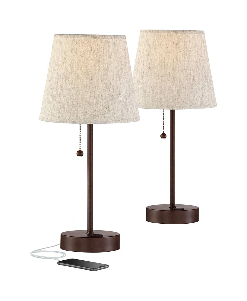 360 Lighting Justin Modern Accent Table Lamps 18 1/4" Tall Set of 2 with Usb Charging Ports Marbled Bronze Metal Oatmeal Drum Shade for Bedroom Living