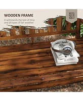 Wood Outdoor Bench, 2-Person Garden Bench with Cupholder Armrests, Slatted Seat and Backrest, Park Bench for Patio, Porch, Lawn, Deck, Carbonized