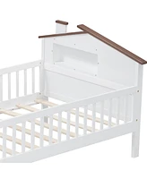 Streamdale Furniture Twin Size Wood Platform Bed with House-shaped Headboard, Led and Built-in Storage, White