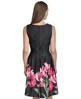 Halston Women's Floral-Print Pleated Fit & Flare Dress