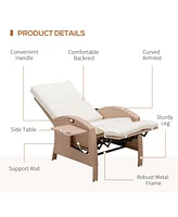 Patio Recliner, Outdoor Reclining Chair with Flip-Up Side Table, All-Weather Wicker Metal Frame Chaise with Footrest, Cushions, Beige