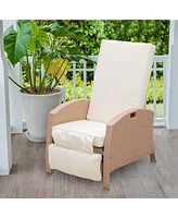 Simplie Fun Patio Recliner, Outdoor Reclining Chair with Flip-Up Side Table, All-Weather Wicker Metal Frame Chaise with Footrest, Cushions, Beige