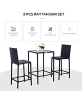 Simplie Fun 3pcs Rattan Bar Set with Glass Top Table, 2 Bar Stools for Outdoor, Patio, Garden, Poolside, Backyard