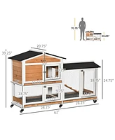 Simplie Fun 62" Rabbit Hutch, Wooden Bunny Hutch, Guinea Pig Cage, Small Animal Enclosure with Wheels, Run Area, Removable Tray, Asphalt Roof, Lockabl