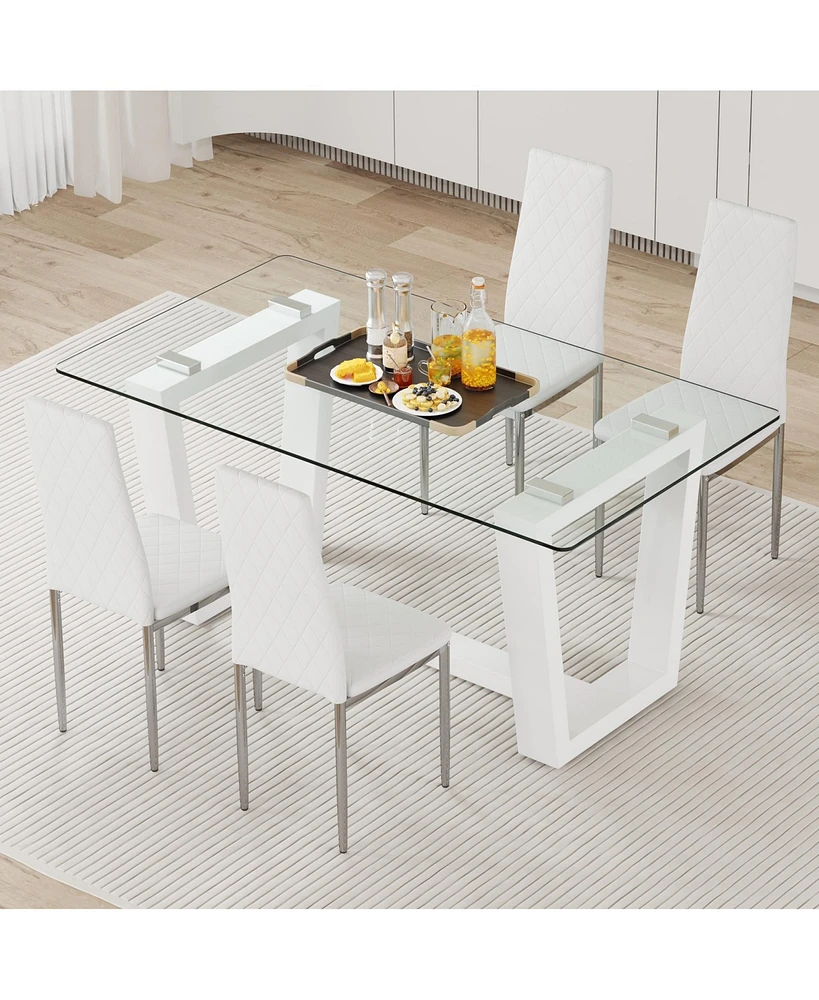 Streamdale Furniture Table and chair set.a rectangular dining table features with tempered glass top and sleek white Mdf stand.Paired with Pu chairs