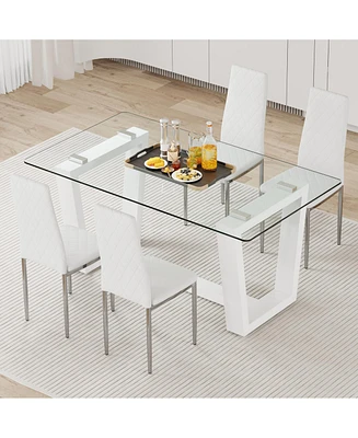 Simplie Fun Table and chair set.a rectangular dining table features with tempered glass top and sleek white Mdf stand.Paired with Pu chairs with che