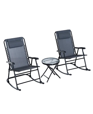 Simplie Fun 3 Piece Outdoor Rocking Bistro Set, Patio Folding Chair Table Set with Glass Coffee Table for Yard, Patio, Deck, Backyard, Grey