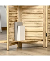 4-Panel Folding Room Divider, 5.6 Ft Freestanding Paulownia Wood Privacy Screen Panel with Storage Shelves for Bedroom or Office, Natural Wood Color