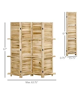 Streamdale Furniture 4-Panel Folding Room Divider, 5.6 Ft Freestanding Paulownia Wood Privacy Screen Panel with Storage Shelves for Bedroom or Office,