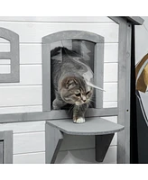 2-story Cat House Outdoor, Weatherproof Wooden Cat Enclosure for Feral Cats with Escape Door, Openable Roof, Jumping Platforms, White