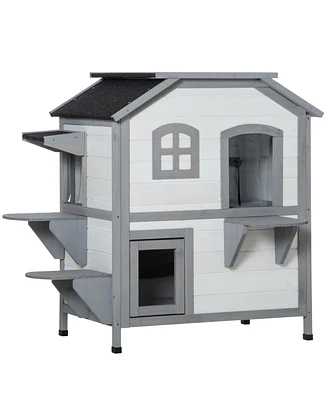 Streamdale Furniture 2-story Cat House Outdoor, Weatherproof Wooden Cat Enclosure for Feral Cats with Escape Door, Openable Roof, Jumping Platforms, W