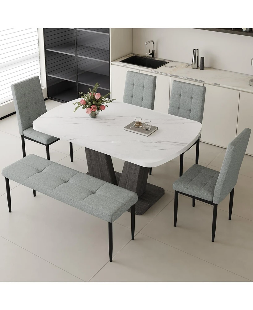 Streamdale Furniture 63" Modern Style 6-piece Dining Table with 4 Chairs & 1 Bench, Table with Marbled Veneers Tabletop and V