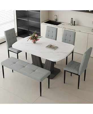 Streamdale Furniture 63" Modern Style 6-piece Dining Table with 4 Chairs & 1 Bench, Table with Marbled Veneers Tabletop and V-shaped Table Legs (White