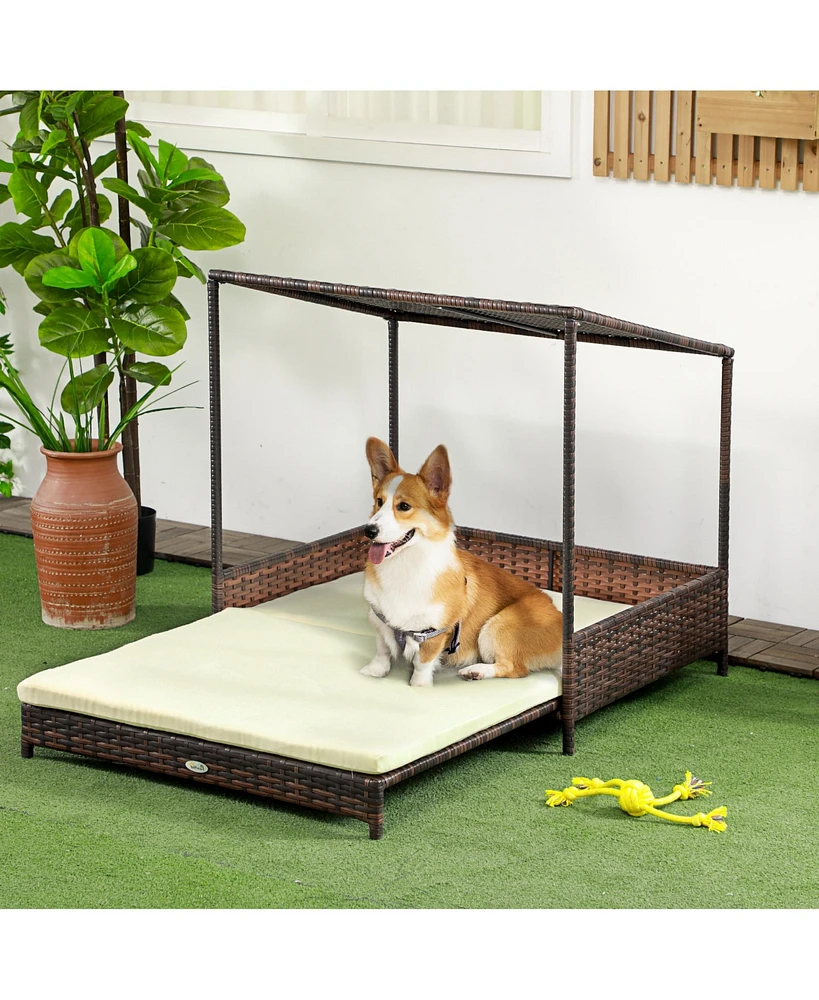 Streamdale Furniture Wicker Dog House Raised Rattan Extendable Puppy Bed Cat Shelter for Indoor Outdoor Garden Patio Pet Sofa with Removable Cushion f
