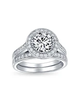 Bling Jewelry Art Deco Style 3CT Round Cz Halo Pave Band Ring Set For Women .925 Sterling Silver