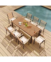 Costway 9 Pcs Outdoor Dining Table & Chairs Set Table with Acacia Wood Top Umbrella Hole