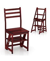 Costway Toddler 3-Step Folding Step Ladder Chair with Bamboo Frame Convertible Stool Reddish