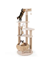 Costway 65" Cattail Cat Tower with Jute Scratching Posts Perch Basket Bed Dangling Balls