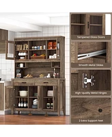 Costway Kitchen Pantry Cabinet with Microwave Countertop Double Glass Doors 2 Drawers