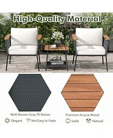 Costway 3 Pcs Patio Furniture Set with 2-Tier Coffee Table Acacia Wood Armrests Tabletop
