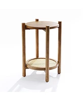 LuxenHome Chestnut Finish Pine and Mdf Wood Accent Round Table with Rattan Shelf