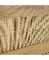 LuxenHome Oak Finish Manufactured Wood with Natural Rattan Top Headboard