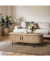 LuxenHome Mid-Century Modern Coffee Table with Storage and Slatted Sliding Doors Oval Center Table