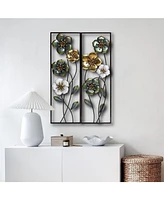 LuxenHome Set of 2 Metal Green, White, and Gold Wild Flowers Wall Decor