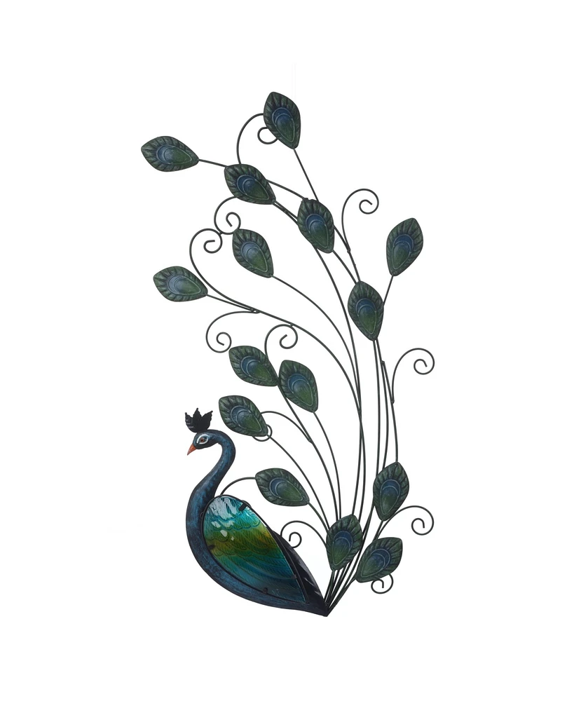 LuxenHome 29.5-Inch H Peacock Metal and Glass Outdoor Wall Decor