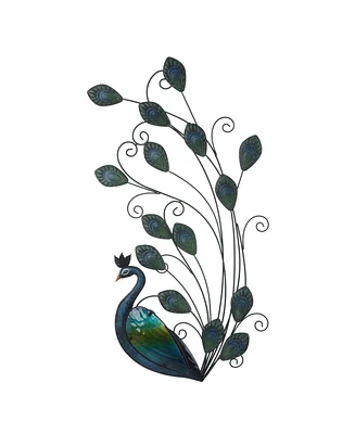 LuxenHome 29.5-Inch H Peacock Metal and Glass Outdoor Wall Decor