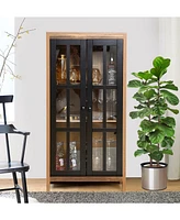LuxenHome Natural Wood Glass 2-Door Accent Cabinet