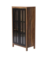 LuxenHome Natural Wood Glass 2-Door Accent Cabinet