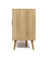 LuxenHome 47.2" Wide 3-Door Rattan Light Oak Finish Wood Sideboard Cabinet