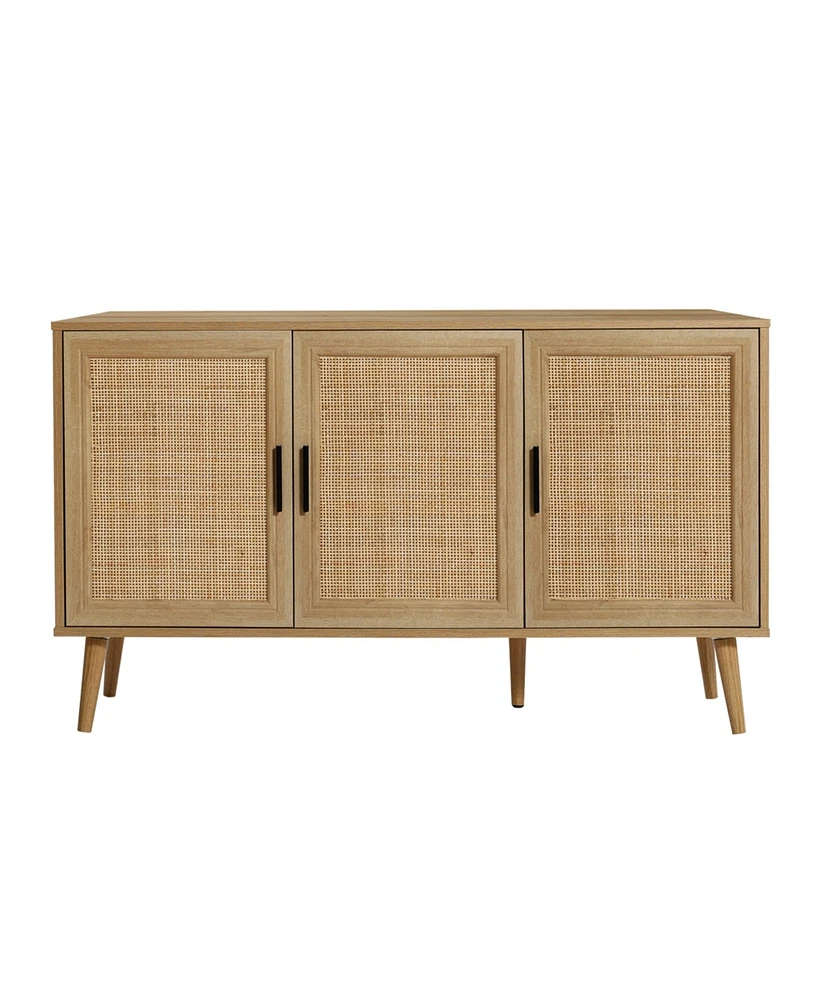 LuxenHome 47.2" Wide 3-Door Rattan Light Oak Finish Wood Sideboard Cabinet