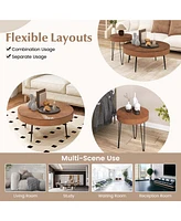 Costway Farmhouse Round CoffeeTable Set of 2 End Table Natural Finish for Living Room Coffee