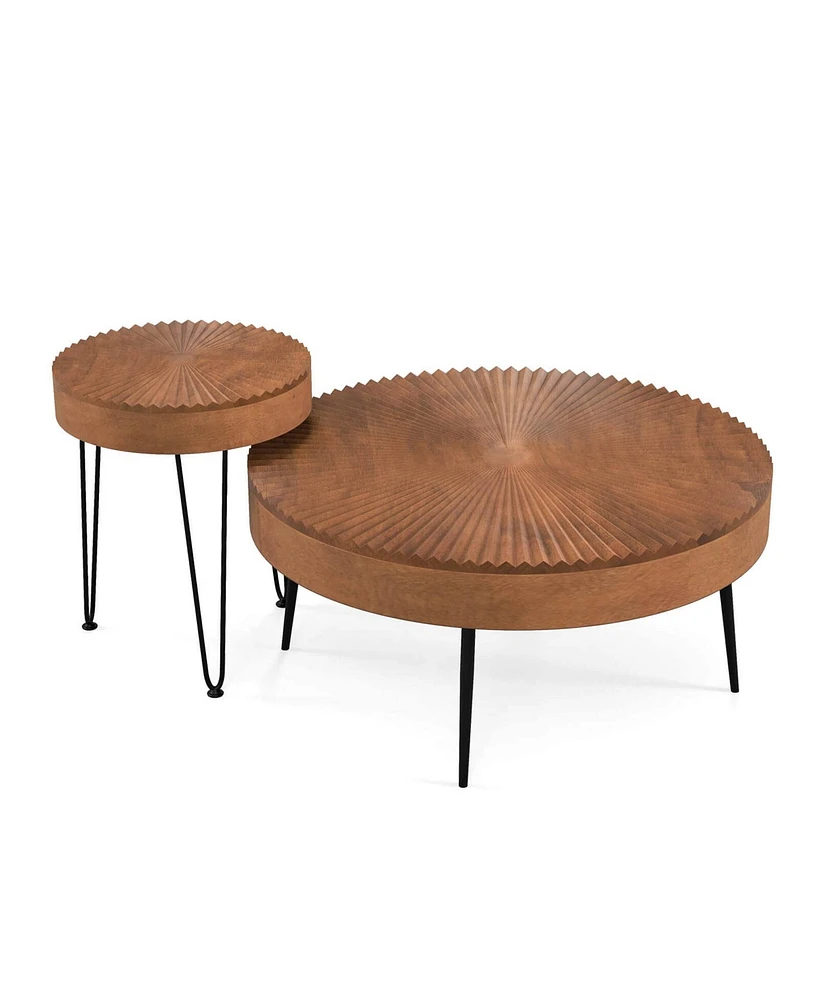 Costway Farmhouse Round CoffeeTable Set of 2 End Table Natural Finish for Living Room Coffee