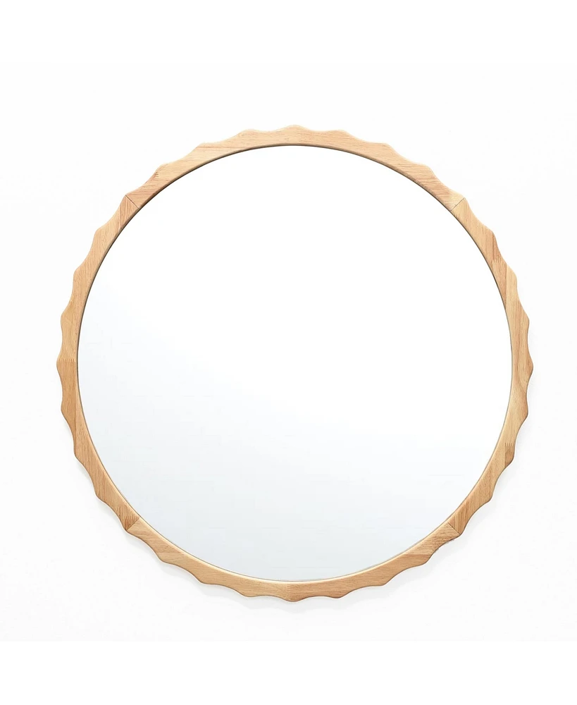 LuxenHome 31.5-Inch Round Natural Rubberwood Scalloped Frame Wall Mirror