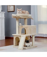 Slickblue Modern Small Cat Tree Tower – Features Double Condos, Spacious Perch, Sisal Scratching Posts, Climbing Ladder, and Replaceable Dangli