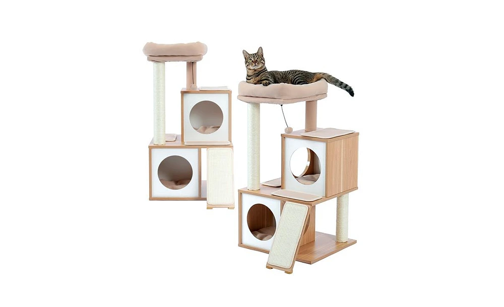 Slickblue Wood Cat Tree Tower With Double Condos Spacious Perch Sisal Scratching Post And Replaceable Dangling Balls