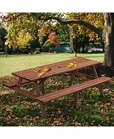 8 Person Brown Wooden Picnic Table, Outdoor Camping Dining Table with 2 Seats, Garden, Diy with 2 Built-in Benches, 2220lb Capacity