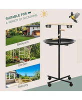 Bird Play Stand, Portable Parrot Perch, Bird Feeder Station, with Four Wheels, Stainless Steel Feeding Bowls, Round Tray, Grey
