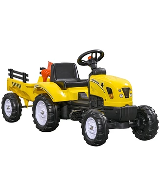 Kids Ride on Farm Tractor, Manual Pedal Ride on Car with Back Storage Trailer, Shovel & Rake, Horn for Age 3 Years Old, Yellow