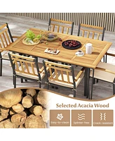 Costway 7 Pcs Patio Dining Set with Acacia Wood Dining Table Rattan Armchairs Soft Cushions