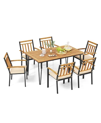 Costway 7 Pcs Patio Dining Set with Acacia Wood Dining Table Rattan Armchairs Soft Cushions