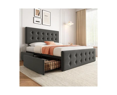 gaomon Bed Frame with 4 Storage Drawers and Headboard, Faux Leather Upholstered Platform Bed Frame with Wooden Slats Support, No Box Spring Needed