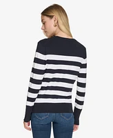 Nautica Jeans Women's Crewneck Stripe Sweater with Button Sleeve